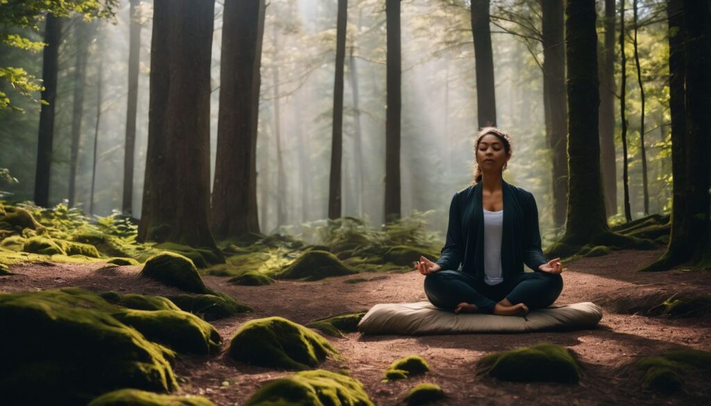 women meditating in woods